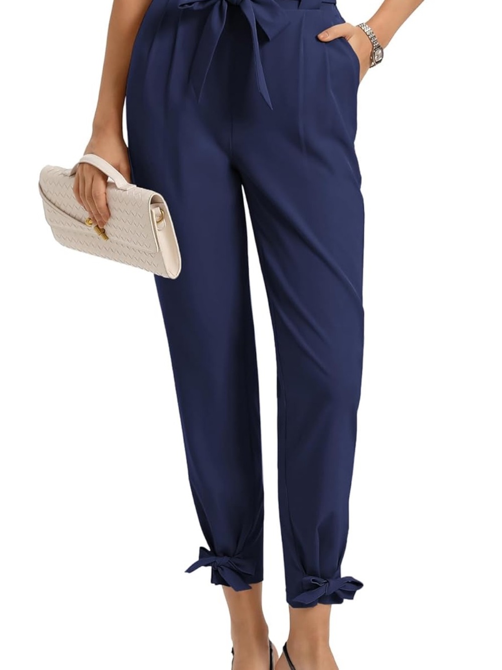 Grace Karin High Waisted Navy Cropped Paperbag Waist Tie-Ankle Pencil Pants